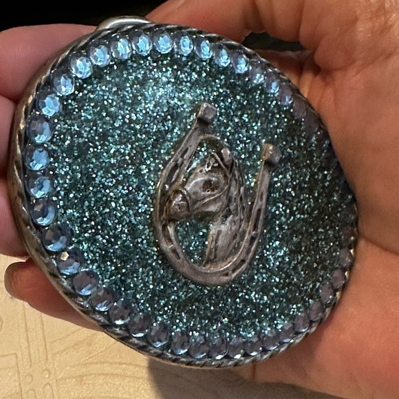 Rubyrudi Artist Western Belt Buckle Hand Crafted OOAK Blue Glitter Glass Rugged main image 6